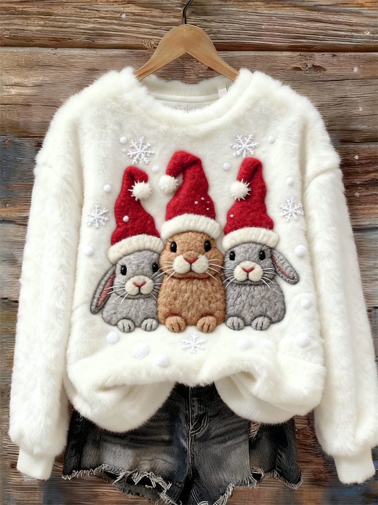 Comstylish Bunnies With Christmas Hats Snowflakes Cozy Plush Sweatshirt