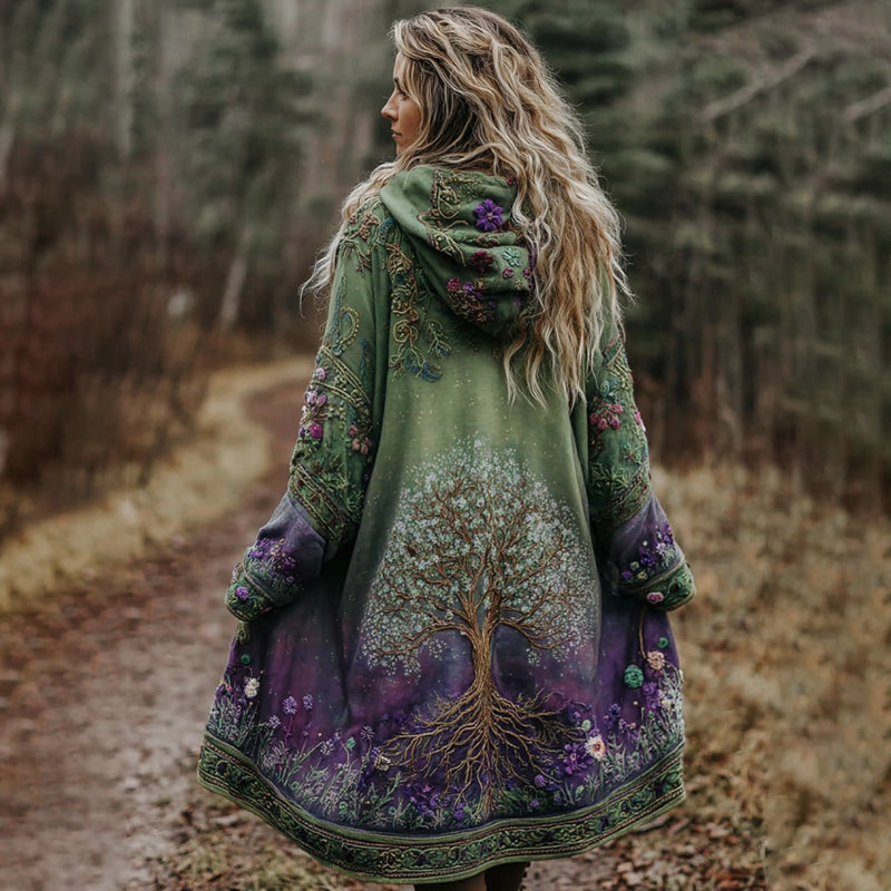 Comstylish Women's Floral And Life Of Tree Knitted Cozy Hooded Cardigan