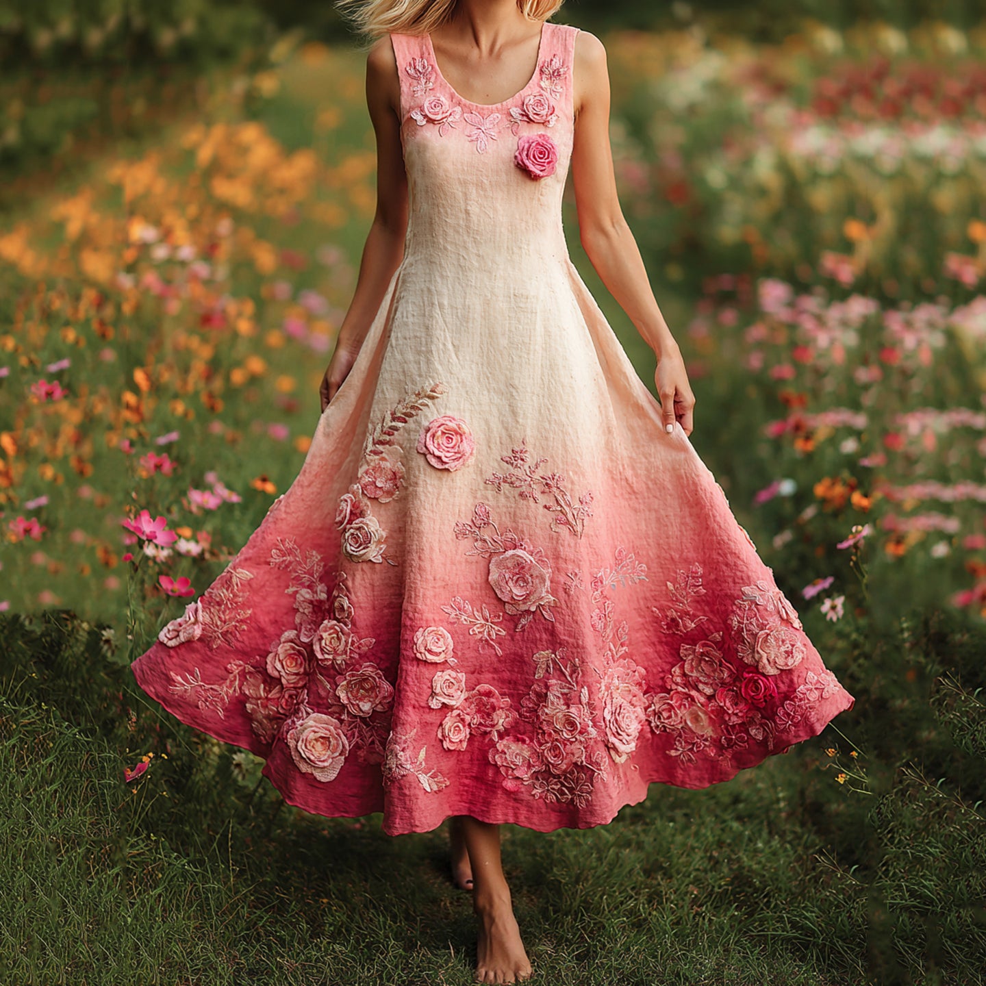 Pink Floral Embroidered Vintage Linen Tank Maxi Dress artswardrobe