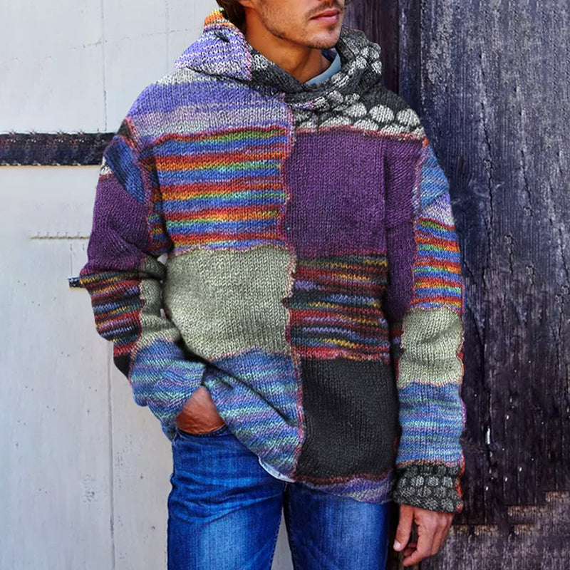 Men's Vintage Patchwork Rainbow Cozy Hooded Sweater artswardrobe