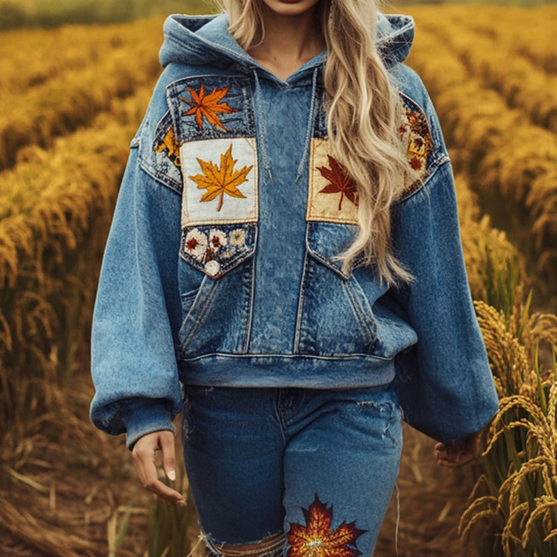 Comstylish Autumn Fashion Maple Leaf Embroidered Denim Print Hoodie