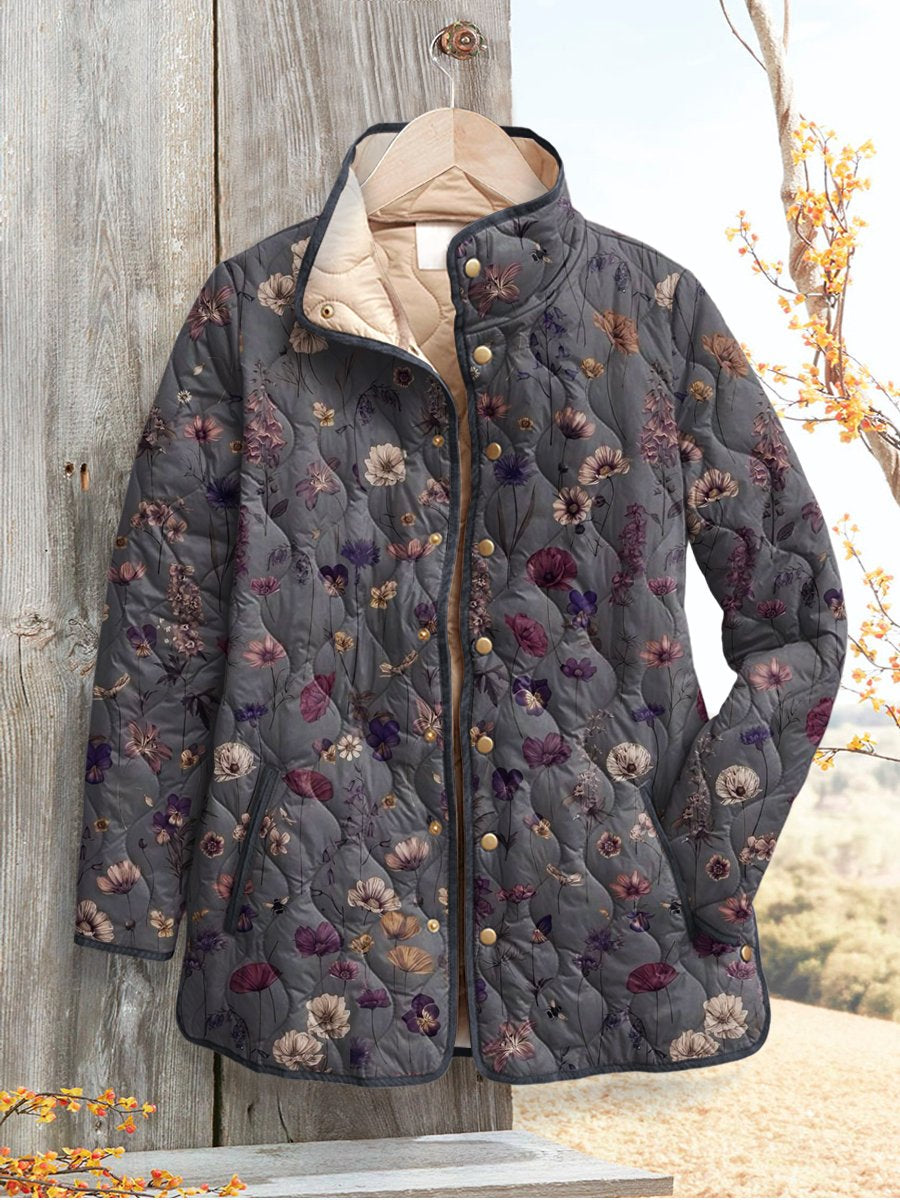 Women's Retro Floral Art Print Casual Quilted Cardigan