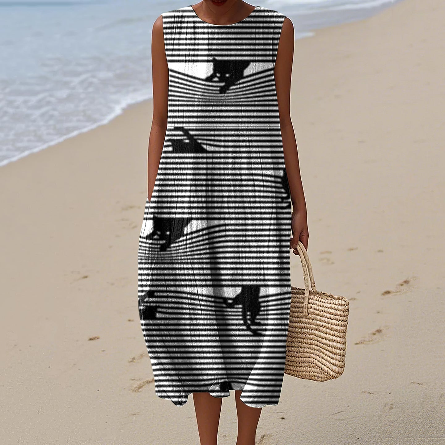 Women's Vintage Black Cats Stripes Art Print Sleeveless Dress artswardrobe