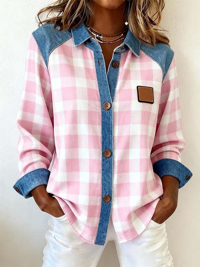 Women'S Casual Lapel Contrast Color Stitching Shirt
