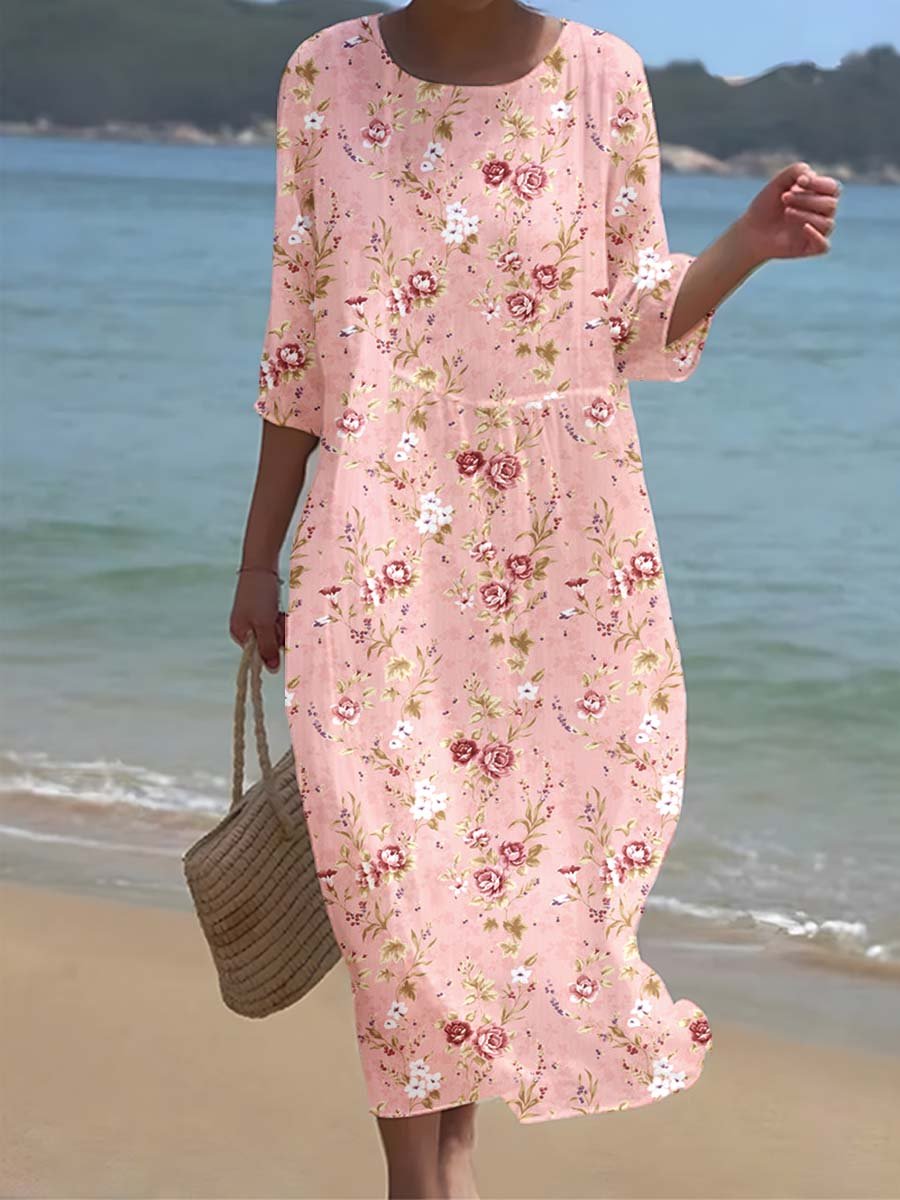 Women's Beach Resort Style Rose Floral Print Pattern Flowing Dress
