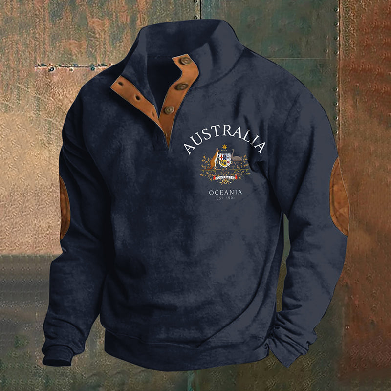 Men's Australia Print Stand Collar Button Sweatshirt elevenforest