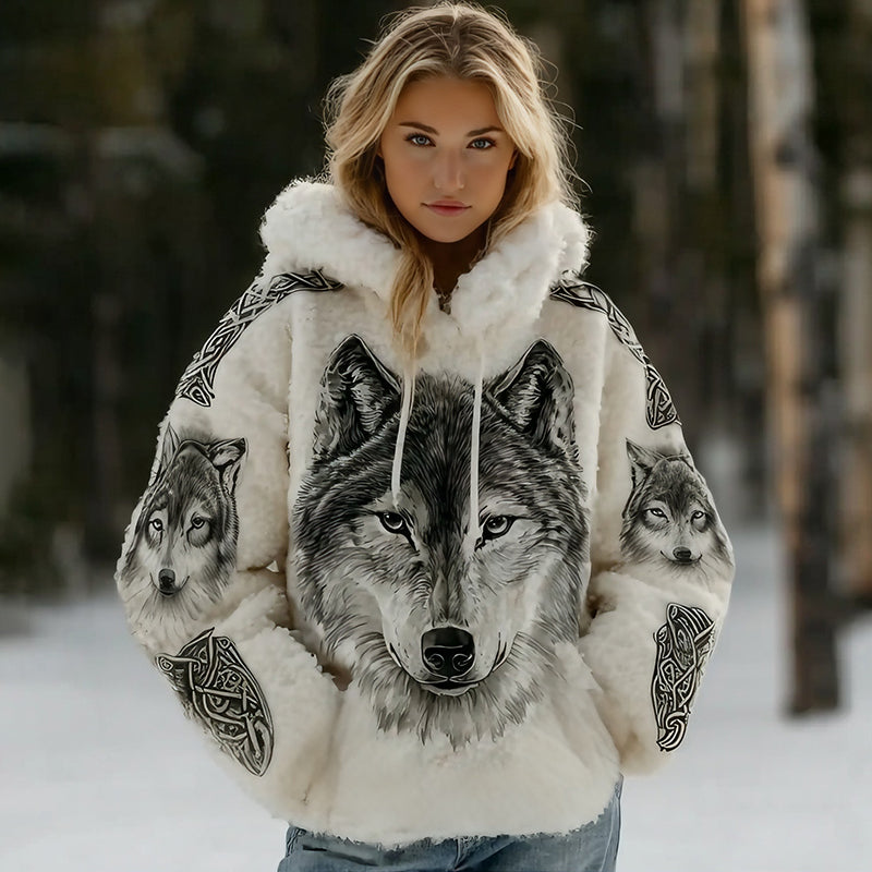 Comstylish Women's Vintage Viking Celtic Wolf Art Plush Cozy Hoodie