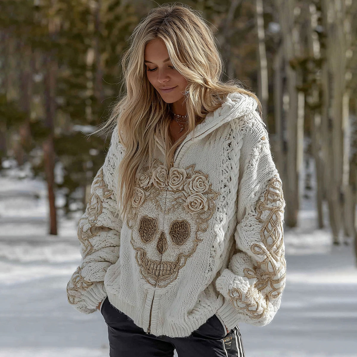 Women's White Rose Skull Comfortable Loose Solid Color Zip Sweater Cardigan elevenforest