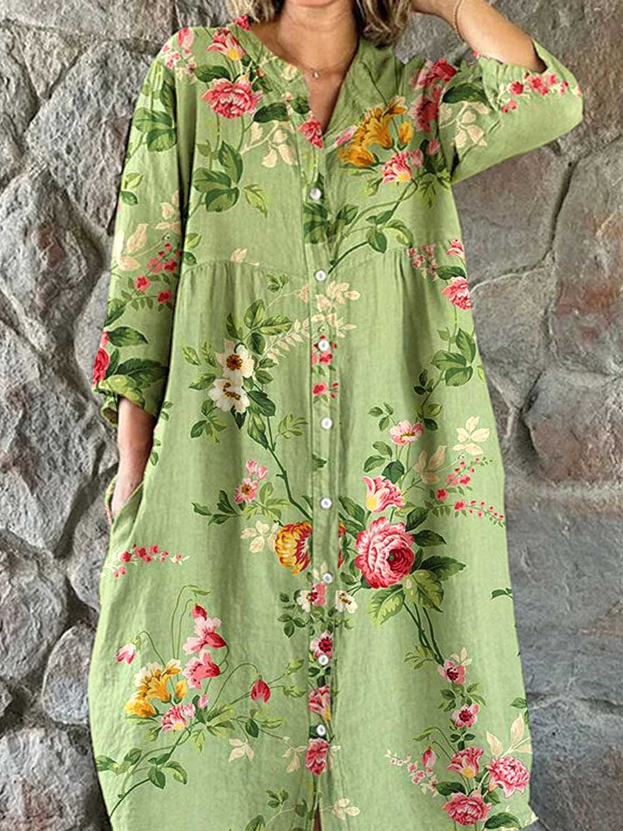 Women's Resort Rose Floral Pattern Cotton Shirt Dress