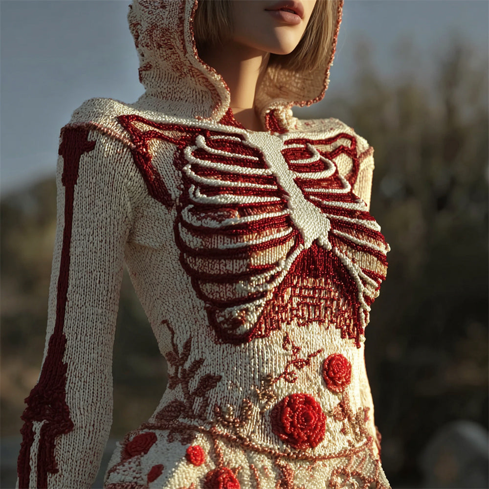 Halloween Skeleton Floral Art Women's Knit Hooded Sweater artswardrobe