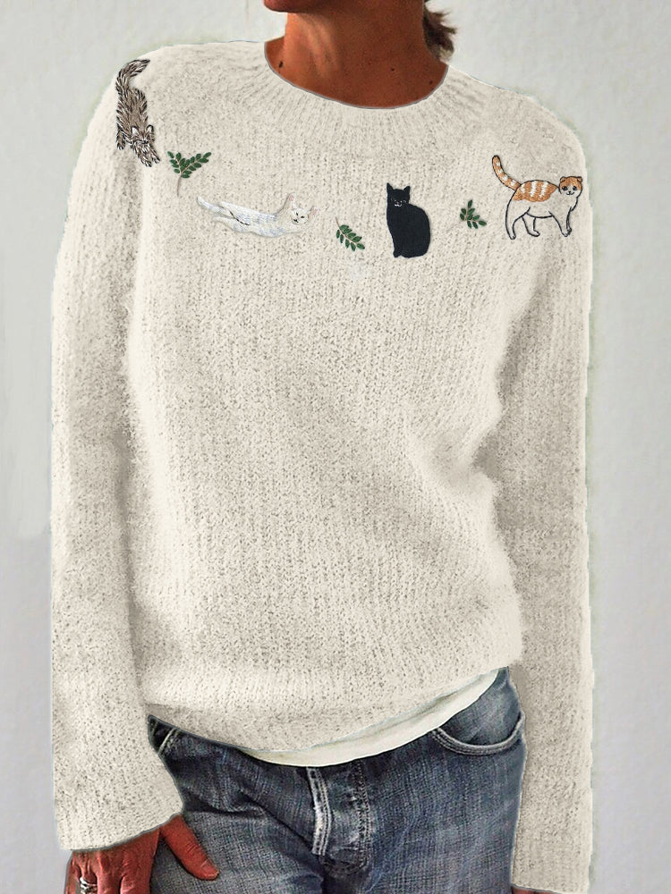 Cats & Leaves Yoke Embroidered Cozy Knit Sweater