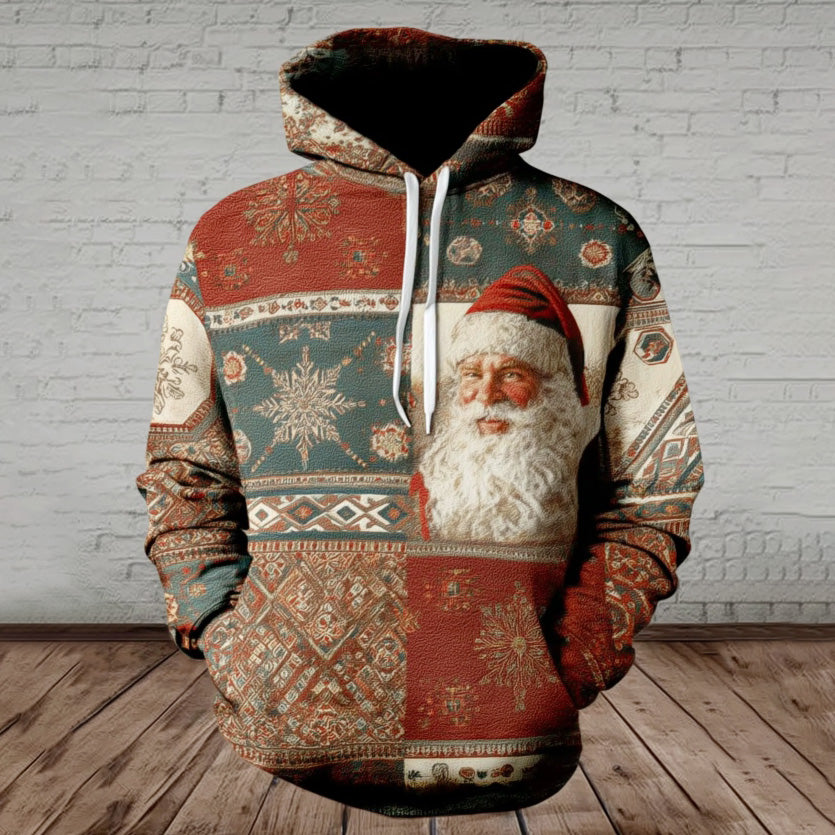 Comstylish Men's Retro Christmas Santa Claus Color Block Hooded Sweatshirt