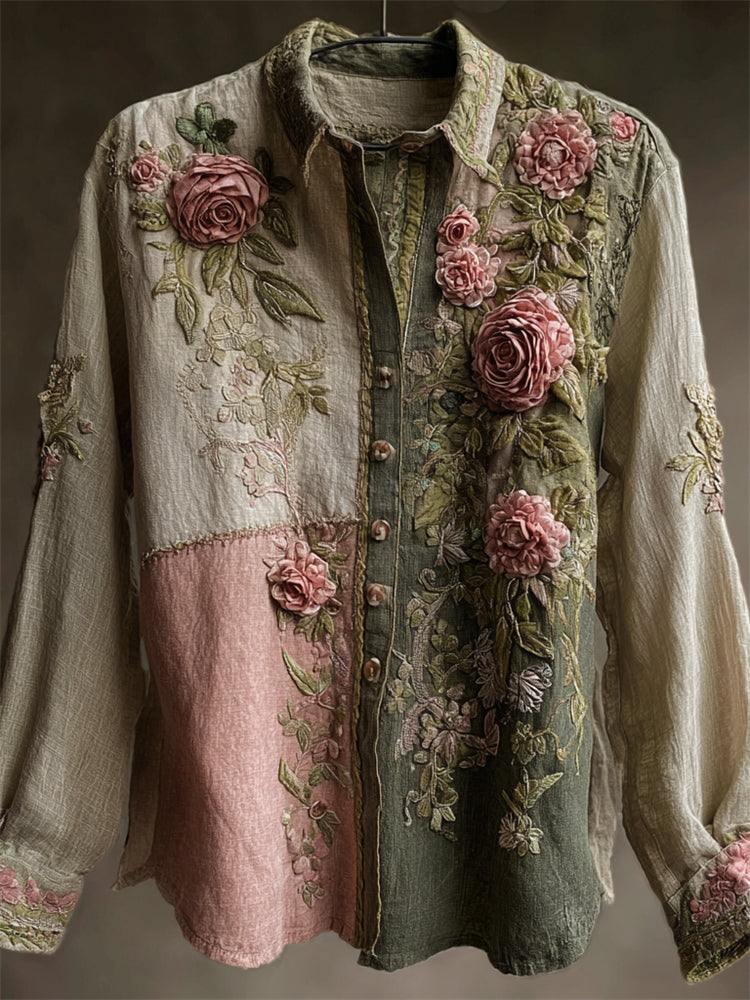 Vintage Pink Roses Fiber Art Embroidered Patchwork Linen Blouse artswardrobe