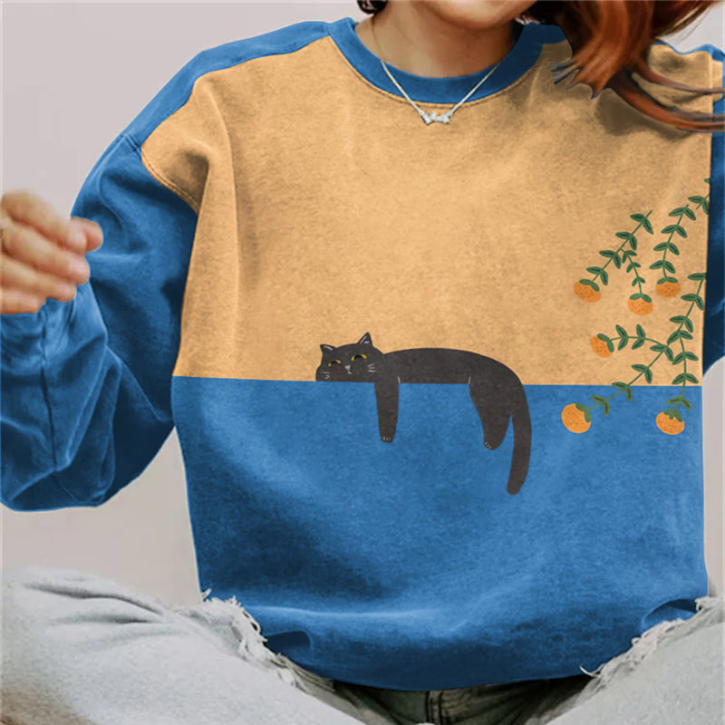 Women's Abstract Creative Lazy Black Cat Painting Art Print Sweatshirt elevenforest