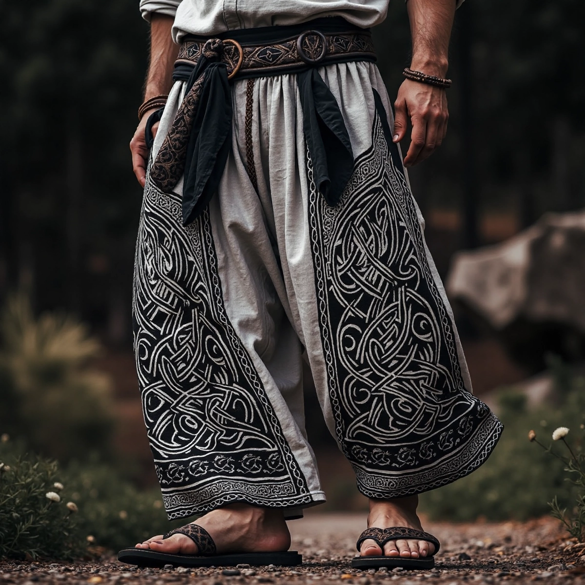 Retro Viking Celtic Embroidery Art Linen Long Loose Wide-leg Pants artswardrobe