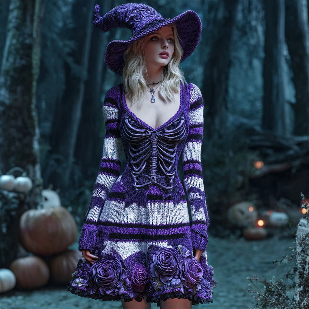 Comstylish Halloween Skeleton Floral Stripe Art Women's Knit V-neck Mini Dress
