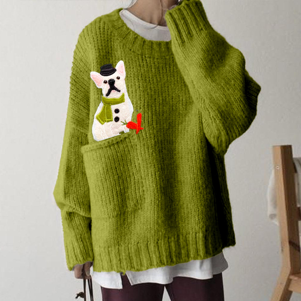 Comstylish Funny Christmas Snowman French Bulldog Applique Cozy Pocket Sweater