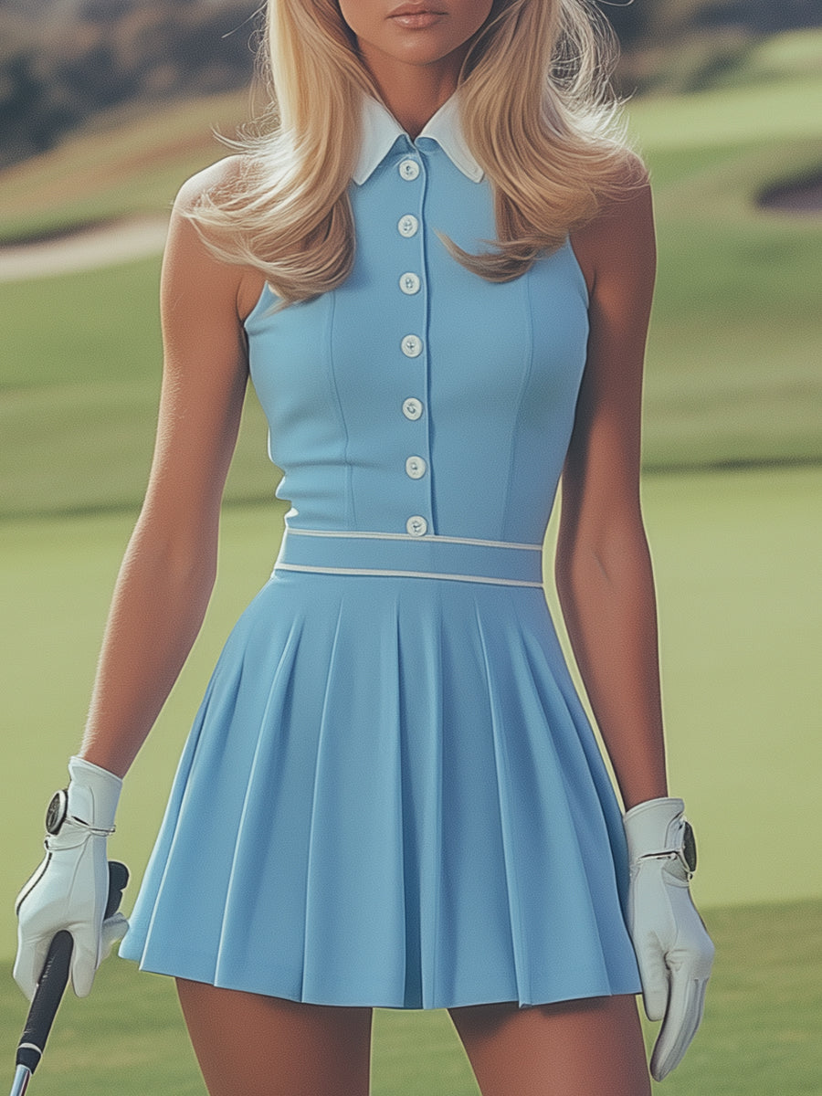 Elegant Sports White Button Detail Baby Blue Sleeveless Mini Dress