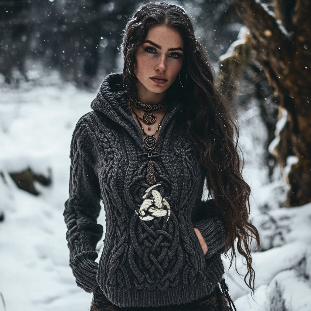 Women's Viking Tribal Witch Inspired Chunky Knit Hooded Sweater elevenforest