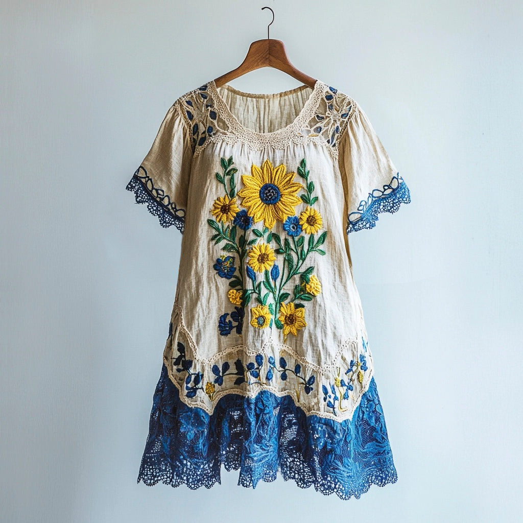 Sunflower Vintage Lace Embroidery Patchwork Women's Linen Dress artswardrobe