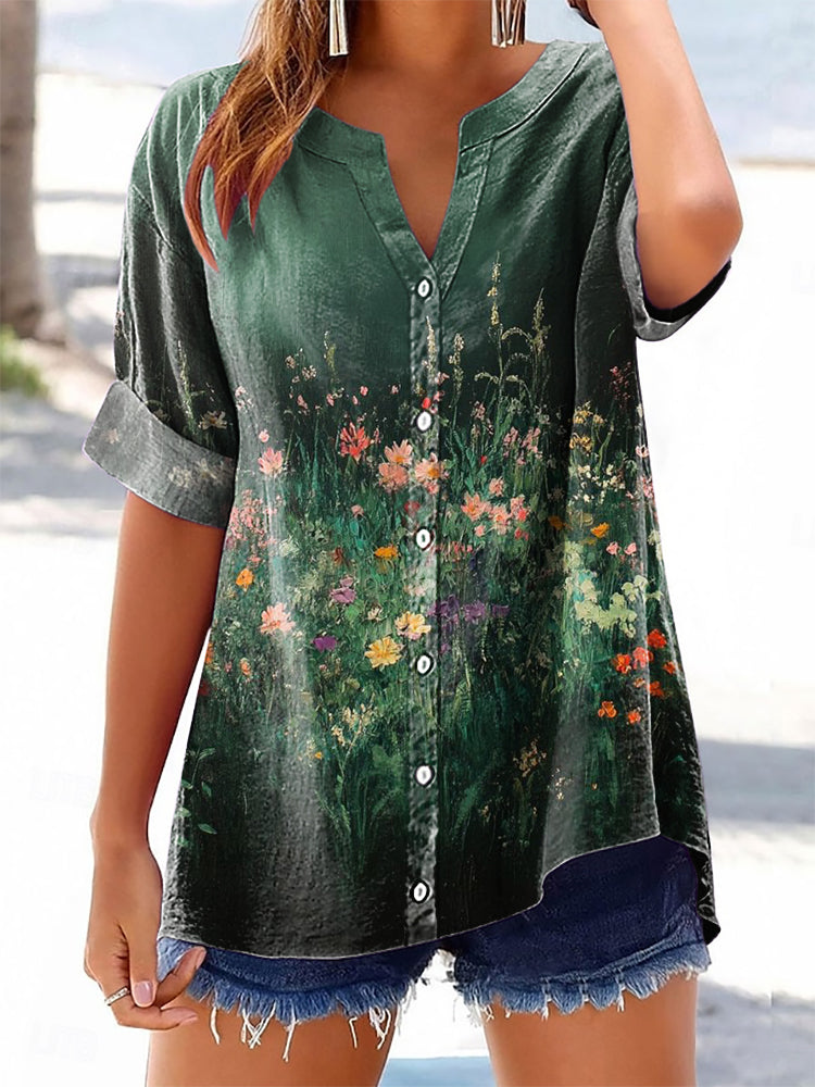 Women's Vintage Floral Art Print Casual Cotton And Linen Shirt