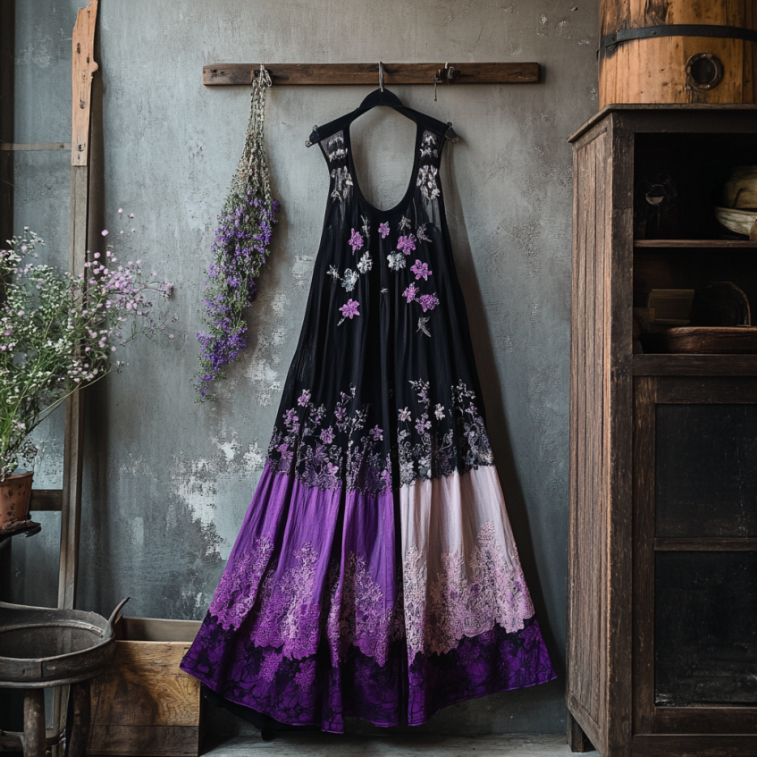 Boho Floral Embroidered Pattern Lace Patchwork Contrast Color Art Linen Dress artswardrobe