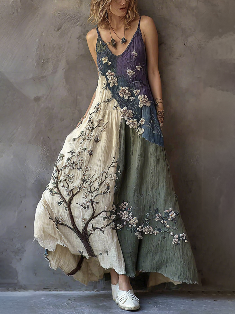 Classy Gradient Japanese Sakura Cherry Blossoms Embroidered Pattern Linen Suspender Long Dress artswardrobe