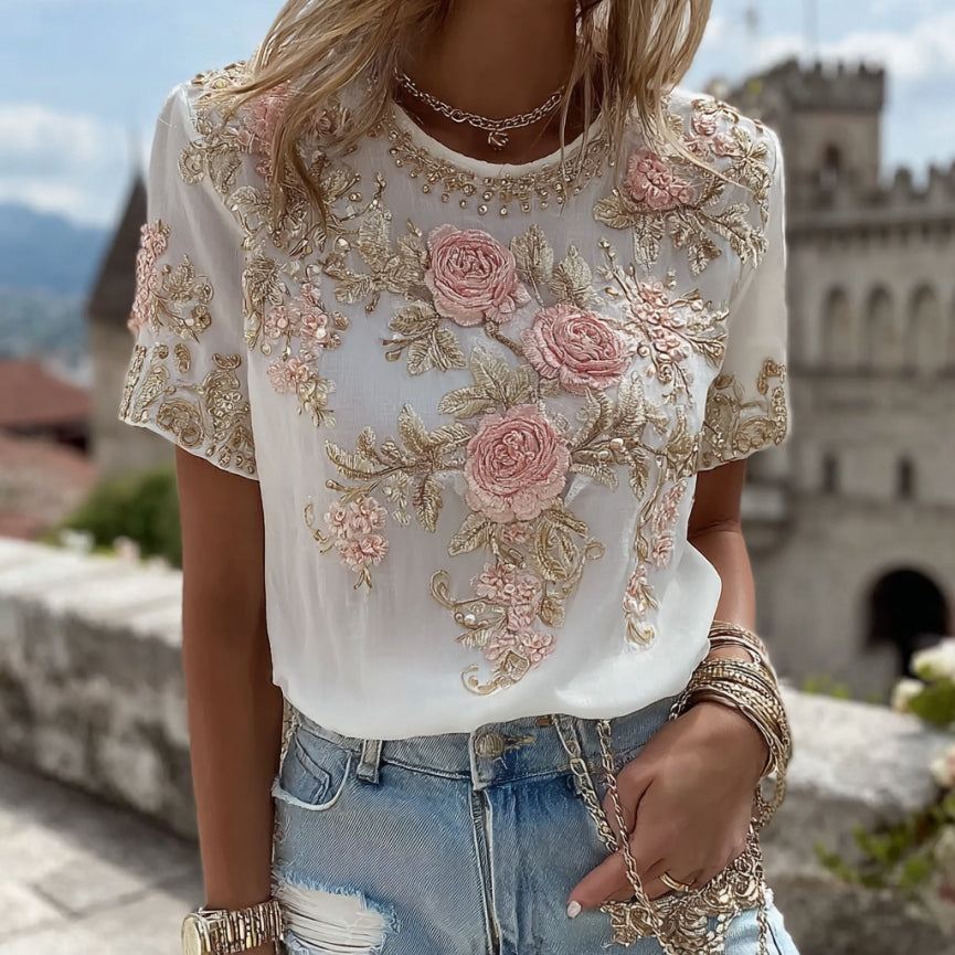Women's Vintage Pink Rose Embroidery Art Short Sleeve Linen Blend T-shirt artswardrobe