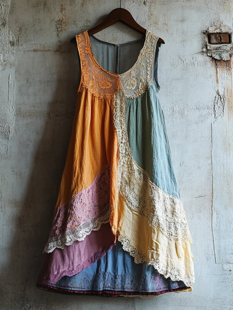 Retro Lace Patchwork Cozy Linen Tank Dress artswardrobe
