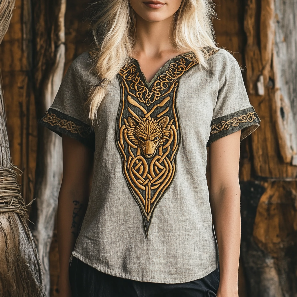 Comstylish Womens Tribal Viking Wolf Celtic Knot Linen Shirt