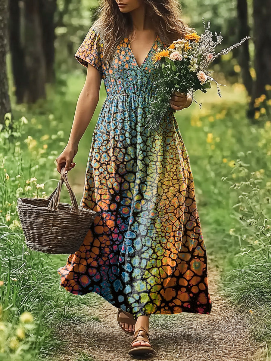 Women's Art Painting Gradient Retro Print V-Neck Short Sleeve Dress