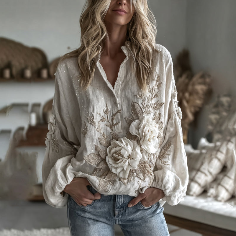 Comstylish Women's Vintage Floral Art Casual Button Shirt