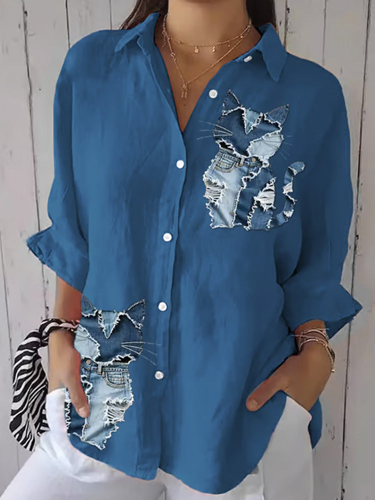 Women's Retro Funny Denim Patch Animal Cat Print Casual Shirt elevenforest
