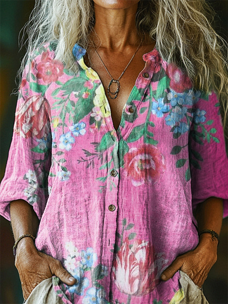 Women's Floral Pattern Art Print Casual Cotton Linen Shirt