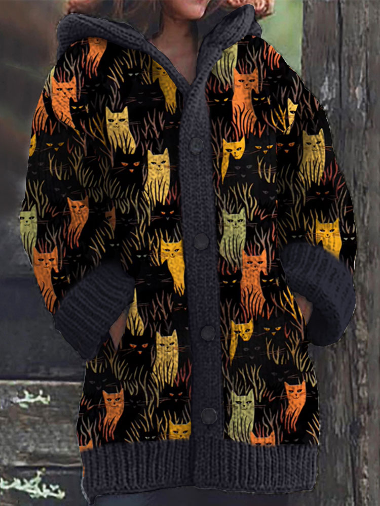 Colorful Cat Pattern Cozy Hooded Cardigan artswardrobe