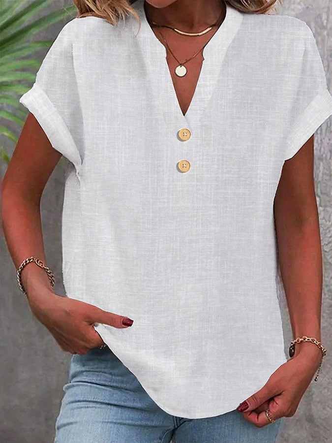 Women's Solid Color Cotton And Linen V-neck Shirt