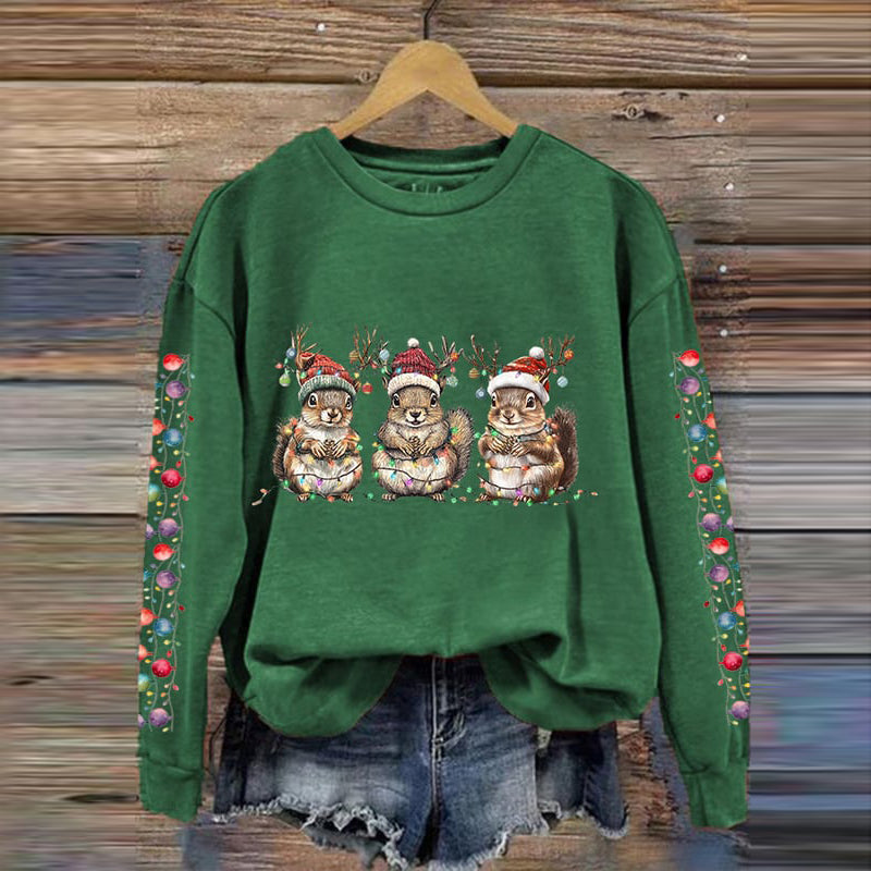 Comstylish Women's Christmas Squirrel Print Crew Neck Sweatshirt