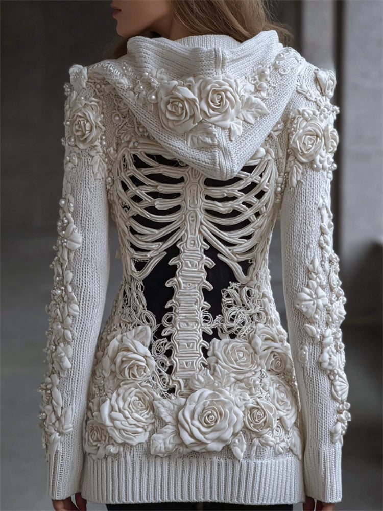 Comstylish Classy White Roses Beaded Skeleton Hooded Cozy Knit Cardigan