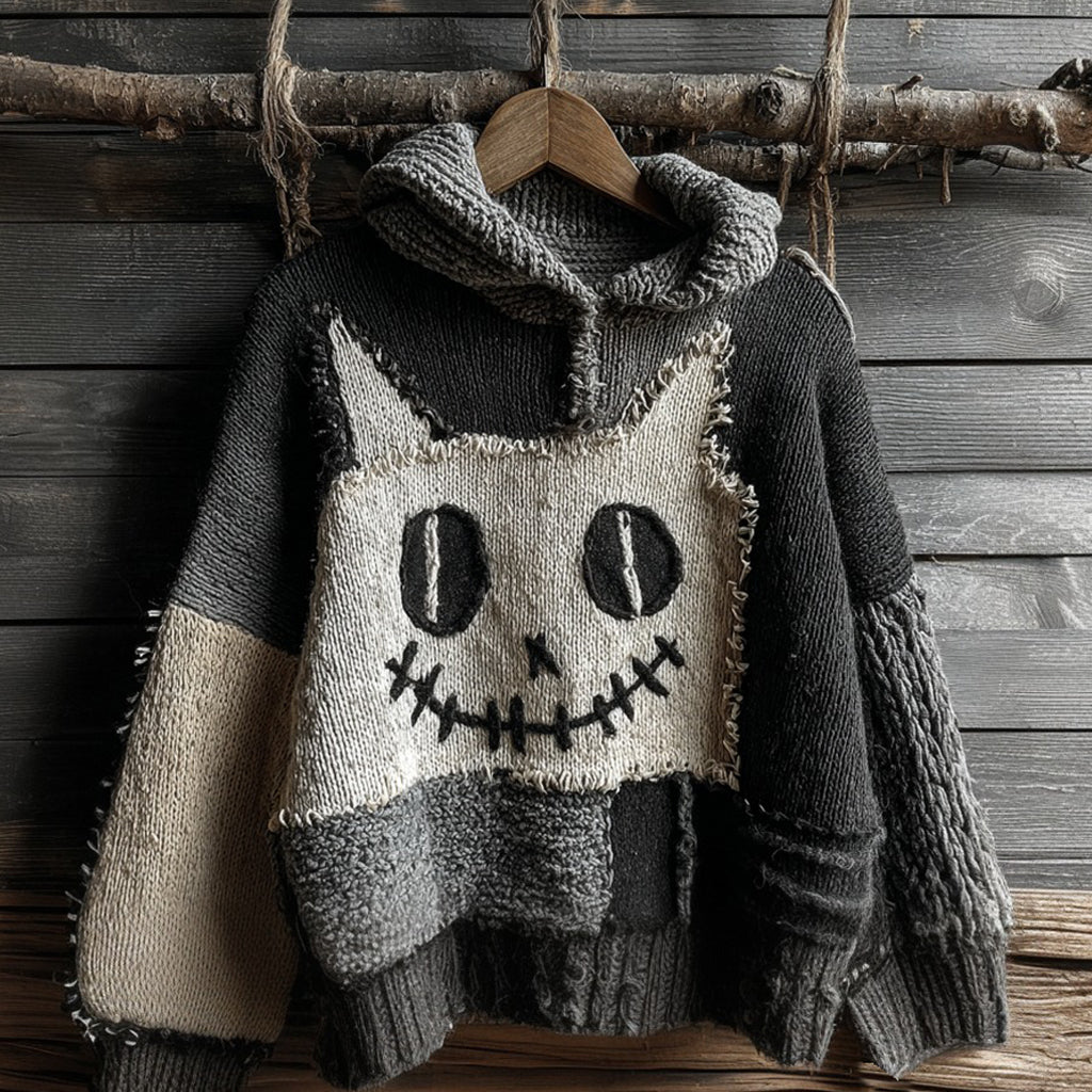 Halloween Cat Spooky Face Contrast Stitched Cozy Knit Hooded Sweater