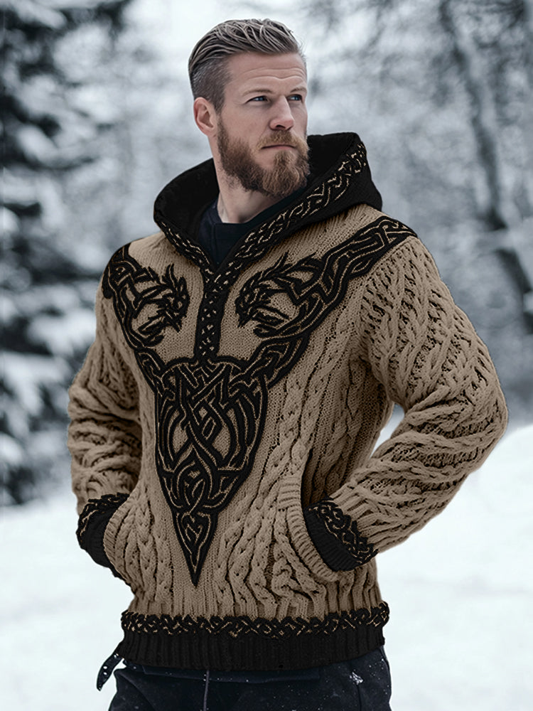 Men's Viking Celtic Contrast Cozy Chunky Hooded Sweater elevenforest