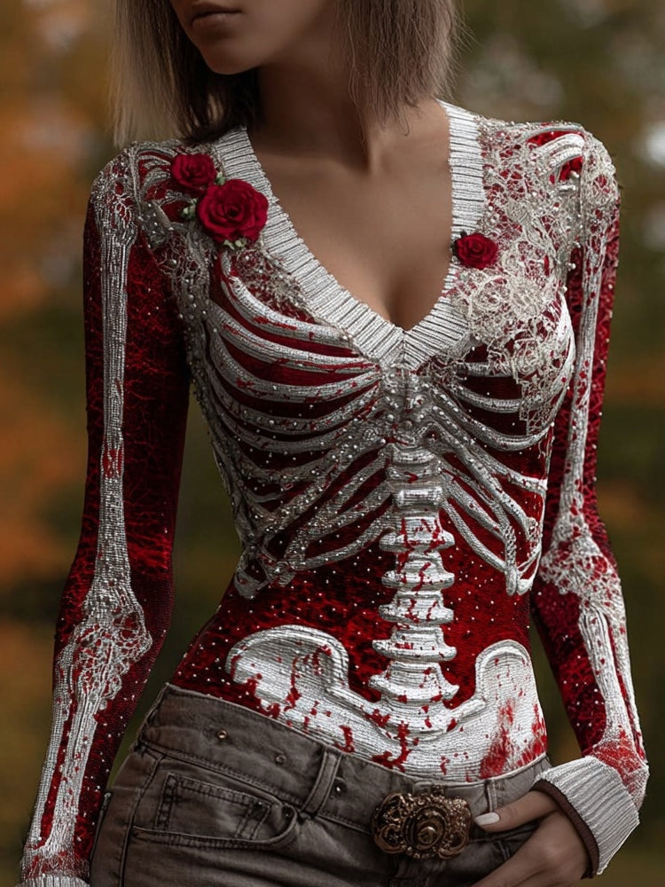 Comstylish Classy Skeleton Bloody Roses V Neck Comfy Sweater
