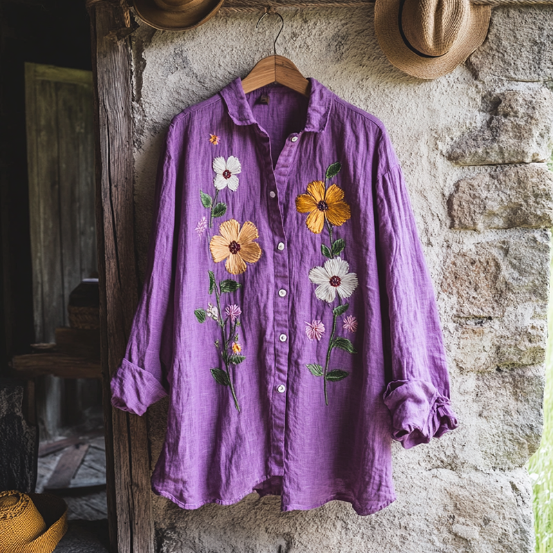Bohemian Holiday Style Linen Floral Print Long Sleeve Shirt artswardrobe