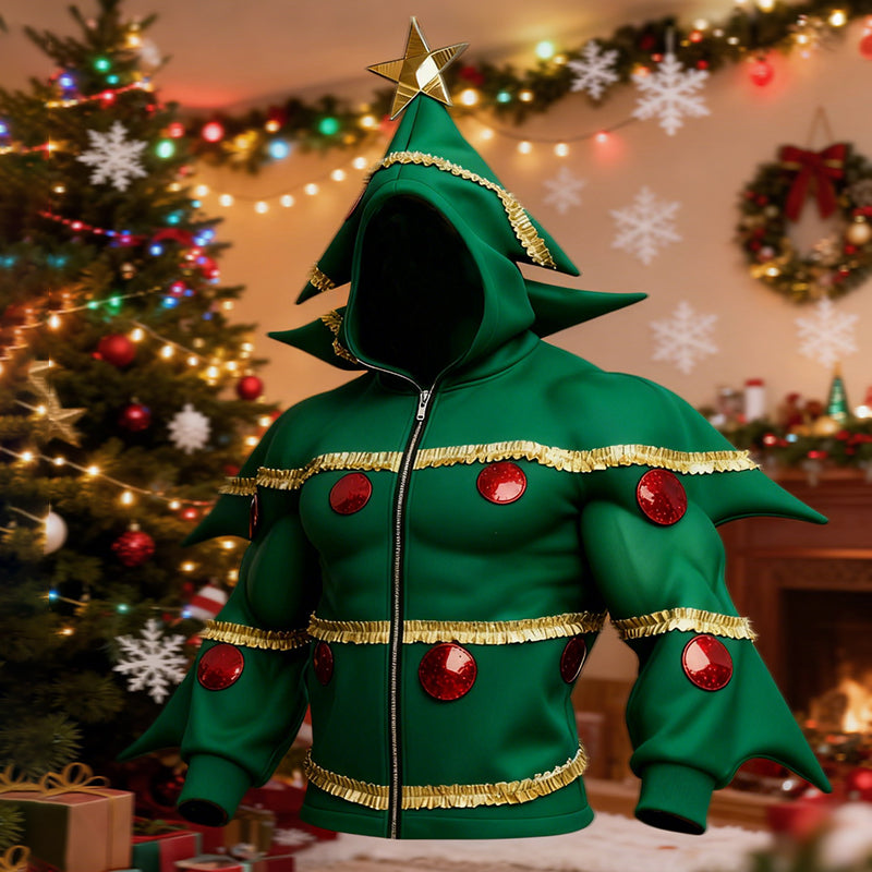 Comstylish Men's Christmas Tree Cosplay Unconventional Silhouette Zip-up Hoodie