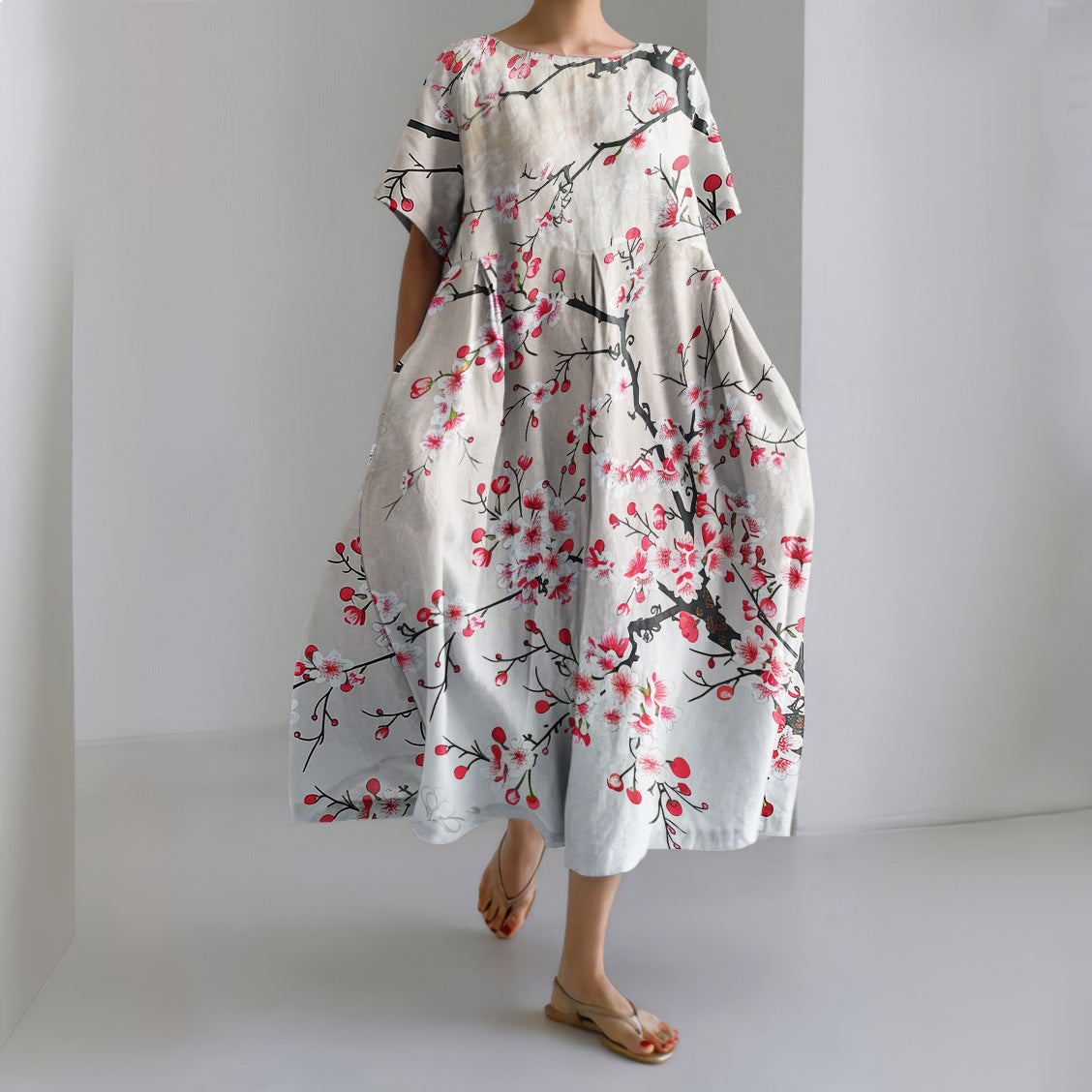 Comstylish Blossom Japanese Art Round Neck Short Sleeve Casual Midi Dress