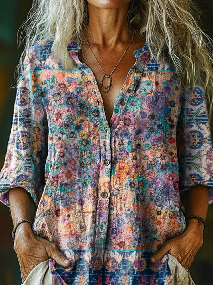Women's Folk Flower Art Print Casual Cotton Linen Shirt