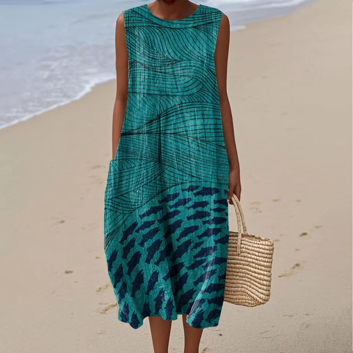Women's Ocean Fish Art Linen Tank Dress artswardrobe