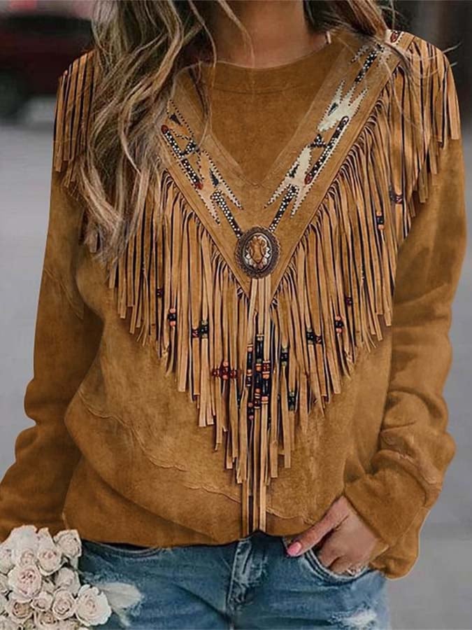 Women'S Casual Loose Tassel Printed Top Sweatshirt
