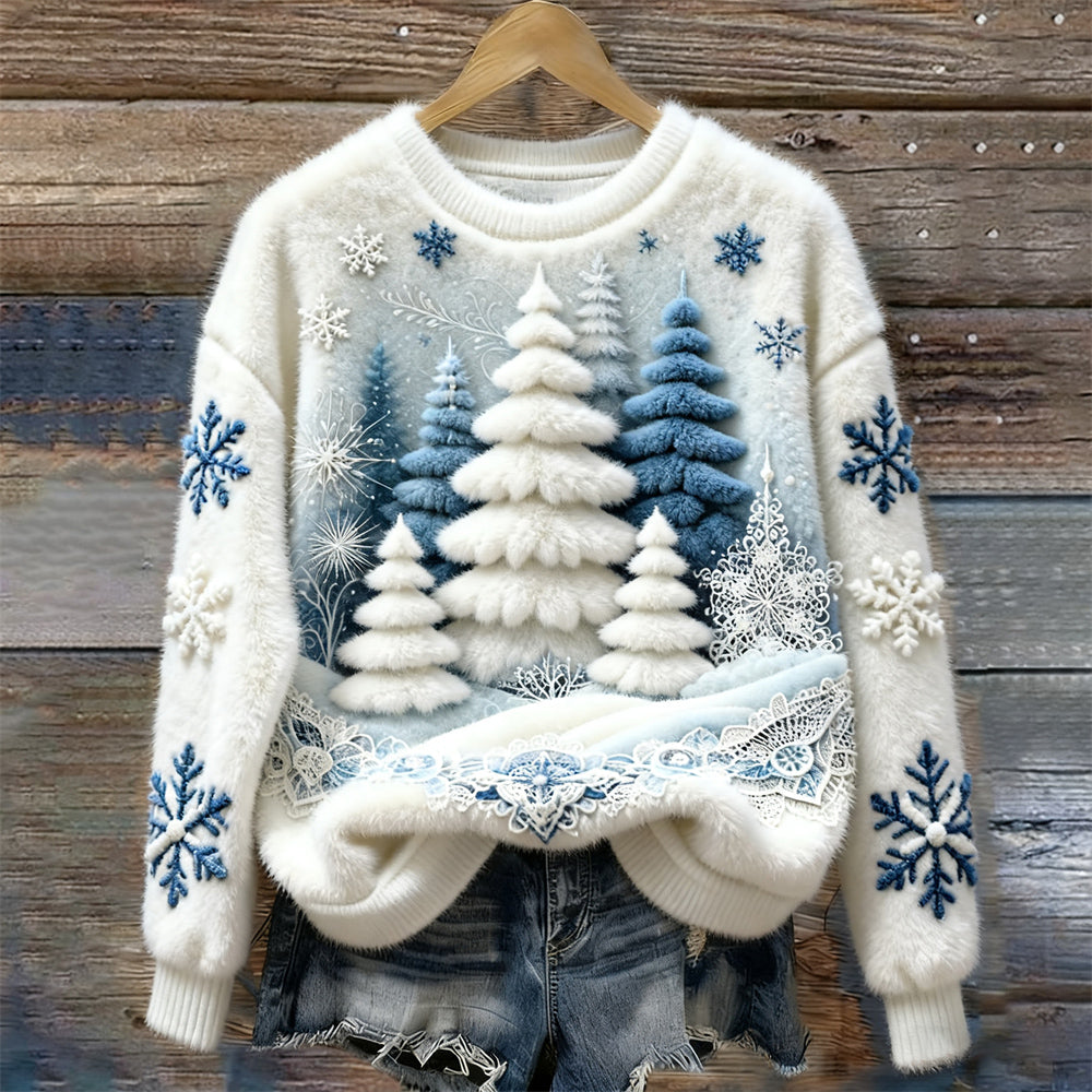 Comstylish Christmas Tree & Snowflake Art Women's Cozy Plush Sweater