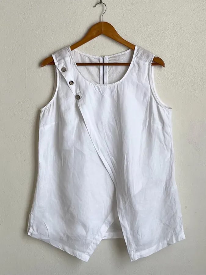 Women's Cotton&Linen Sleeveless Button-Down T-Shirt