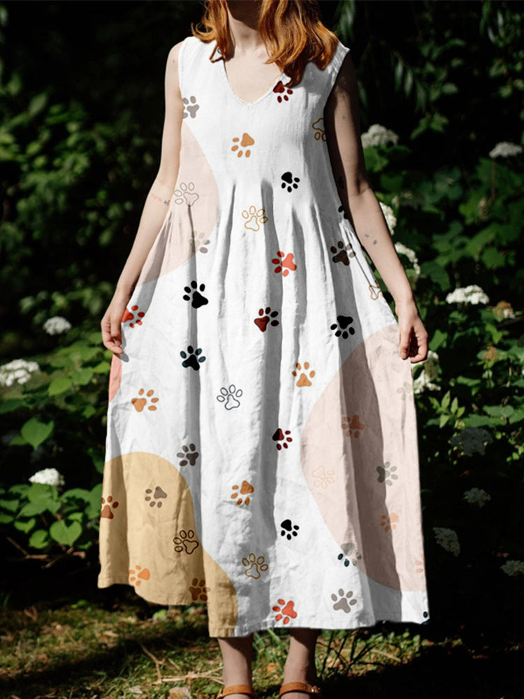 Comstylish Pastel Color Dog Paws Pattern Linen Maxi Dress